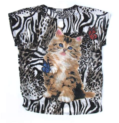 Gr 44 Damen T Shirt Mit Katzenmotive Katzen Print Sommer Shirt