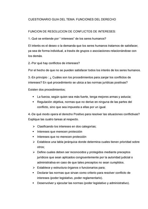 Funciones Del Derecho Cuestionario Guia Del Tema Funciones Del