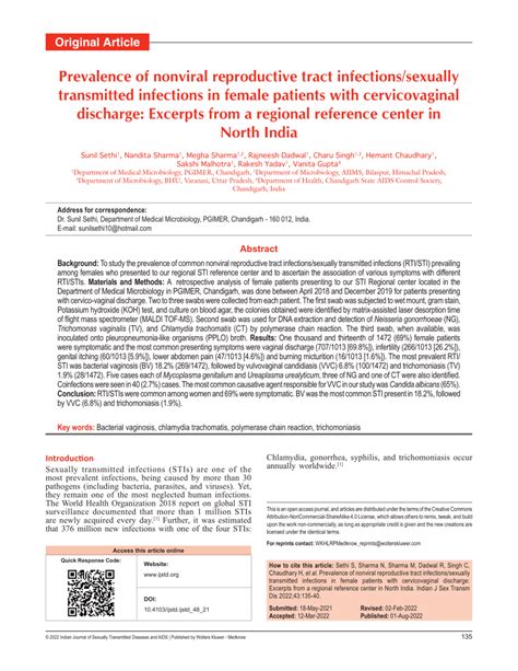 Pdf Prevalence Of Nonviral Reproductive Tract Infectionssexually