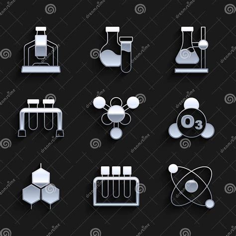 Set Molecule Test Tube Atom Ozone Chemical Formula Flask Stand And