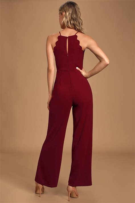 Chic Burgundy Jumpsuit Scalloped Jumpsuit Wide Leg Jumpsuit