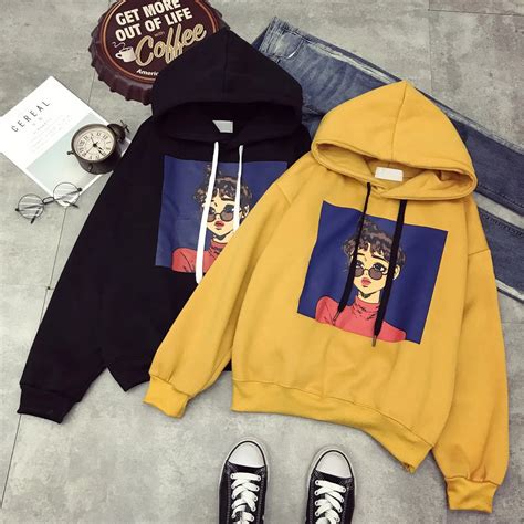 Korean Harajuku Hooded Women Sweatshirts Cool Girl Print Thickening