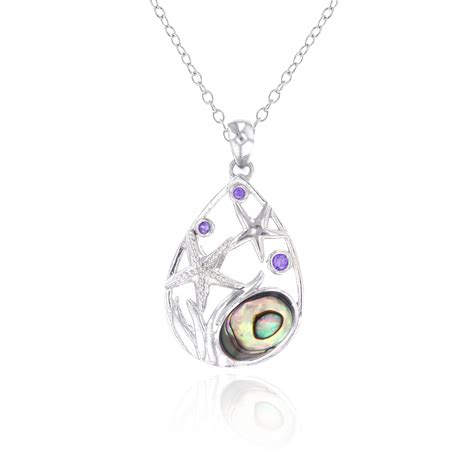 Sterling Silver Abalone Starfish Amethyst Cz Teardrop Pendant With