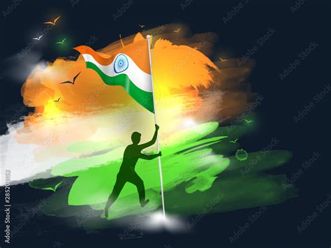 Silhouette character of man holding Indian Flag on glossy abstract ...