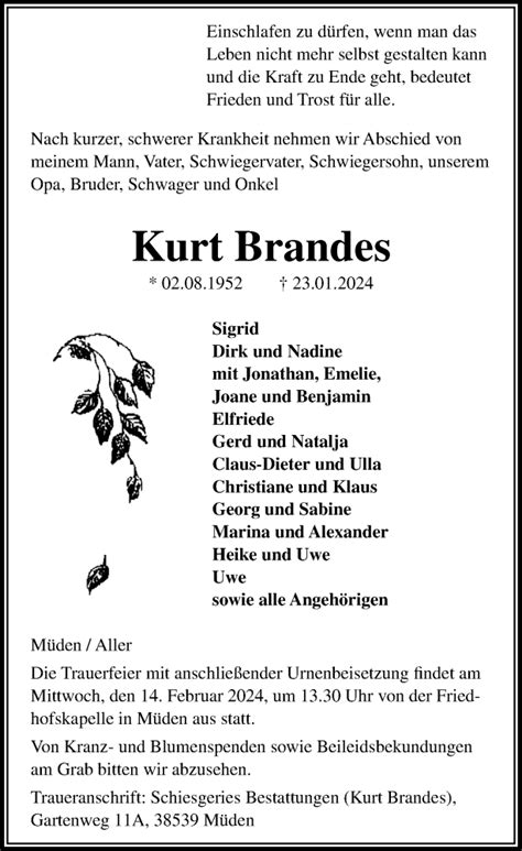 Traueranzeigen Von Kurt Brandes Trauer Anzeigen De