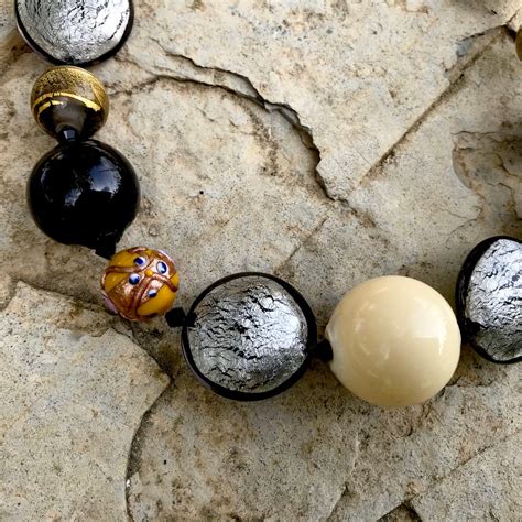 Murano Glass Bead Necklace in Black Gold and Bone - Etsy