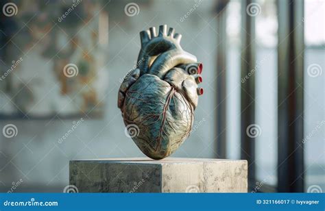 Realistic Model Of A Human Heart On A Concrete Pedestal Stock