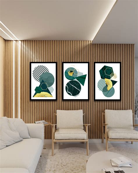 Conjunto 3 Quadros Decorativos Formas Geométricas Tons de Verde