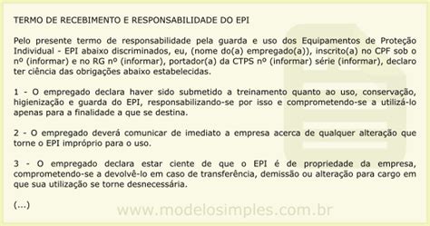 Modelo De Termo De Recebimento E Responsabilidade Do EPI