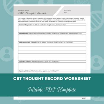 Cbt Thought Record Worksheet Editable Fillable Pdf Mental Health