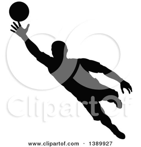 Clipart Of A Black Silhouetted Male Soccer Player Goalie In Action