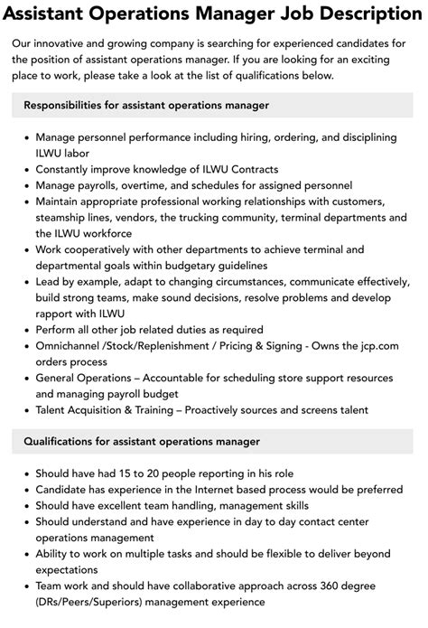 Assistant Operations Manager Job Description Velvet Jobs