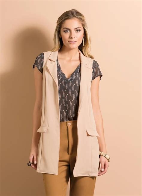 Colete Alongado Nude Estilo Alfaiataria Coty Casual Outfits Kimono