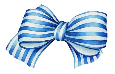 Watercolor Hand Drawn Colorful Blue With White Stripes Ribbon Bow