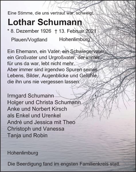 Traueranzeigen Von Lothar Schumann Trauer In Nrw De