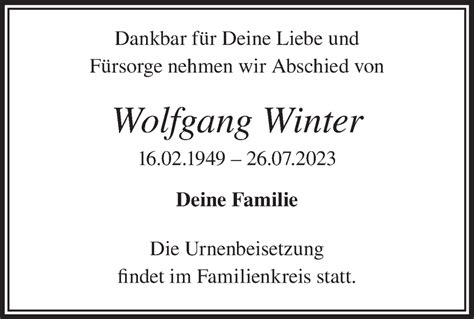 Traueranzeigen von Wolfgang Winter Märkische Onlinezeitung Trauerportal