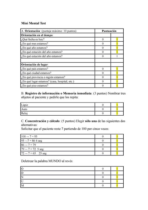 Mini Mental Test G2 Trabajo Mini Mental Test A Orientación