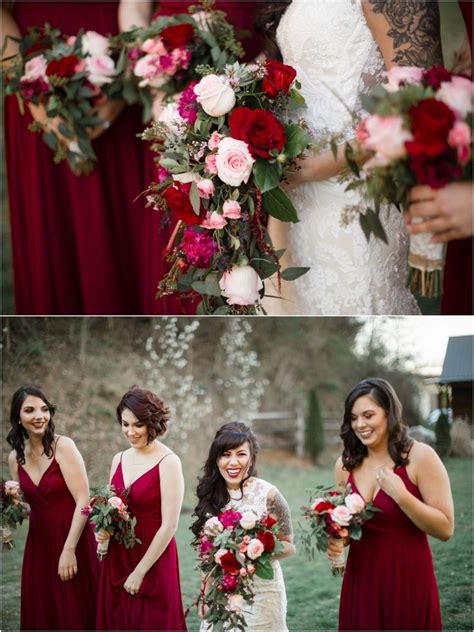 Love These Rich Cranberry Bridesmaids Dresses And Red And Pink Bouquets Red Bridesmaids