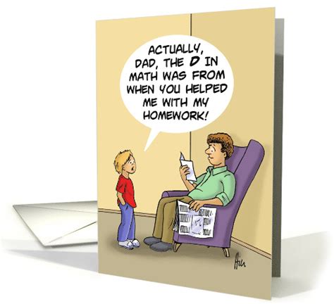 Humorous Fathers Day Card With Son Giving Report Card To Dad Card