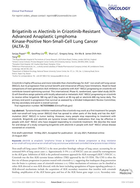 PDF Brigatinib Vs Alectinib In Crizotinib Resistant Advanced