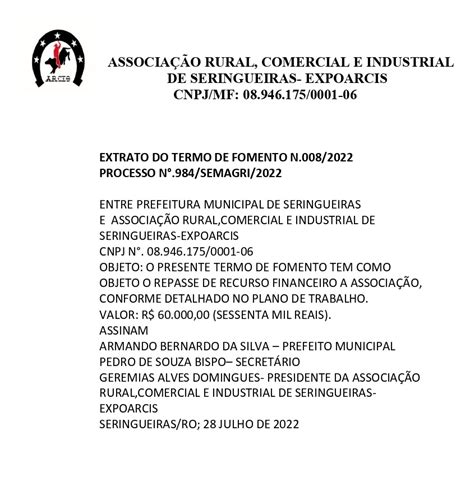 EXPOARCIS Extrato do Termo de Fomento Nº 008 2022 Processo Nº 984