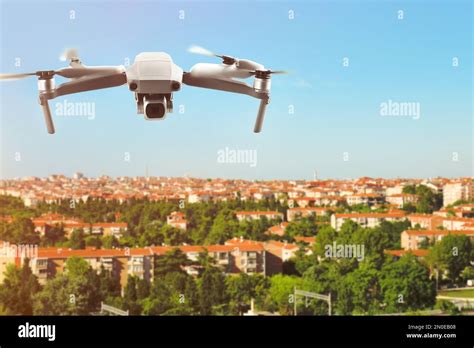 Modern Drone Flying Over City Aerial Survey Stock Photo Alamy