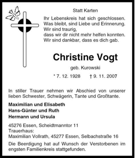 Traueranzeigen Von Christine Vogt Trauer In Nrw De