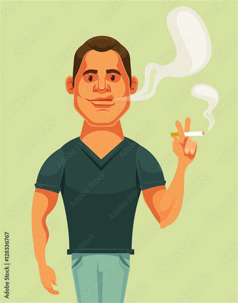 Man Character Smoking Cigarette Vector Flat Cartoon Illustration Stock