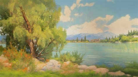 Lake view landscape painting outdoors. | Premium Photo Illustration ...