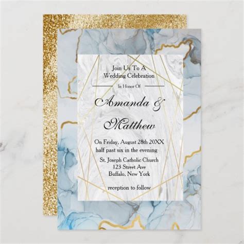 Dusty Blue And Gold Marble Wedding Invitations Zazzle