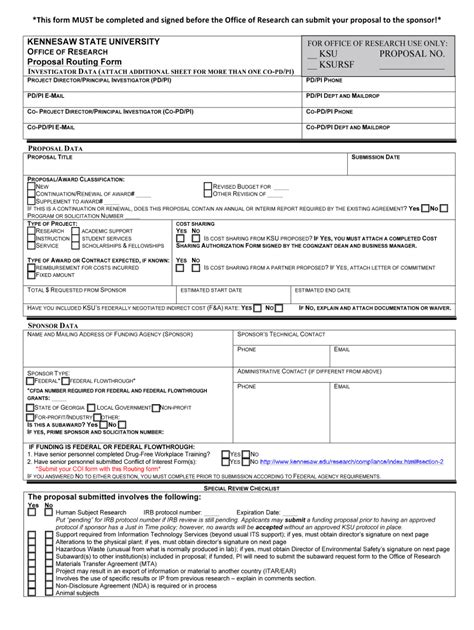 Fillable Online Kennesaw Proposal Routing Form09 11 13 Kennesawedu