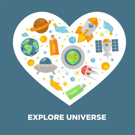 Explore Universe Poster With Space Themed Icons In Heart Shape Stock