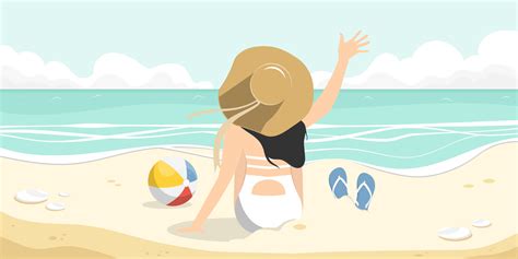 Beach Cartoon Scene Woman Sitting On Sand Beach With Beach Ball And