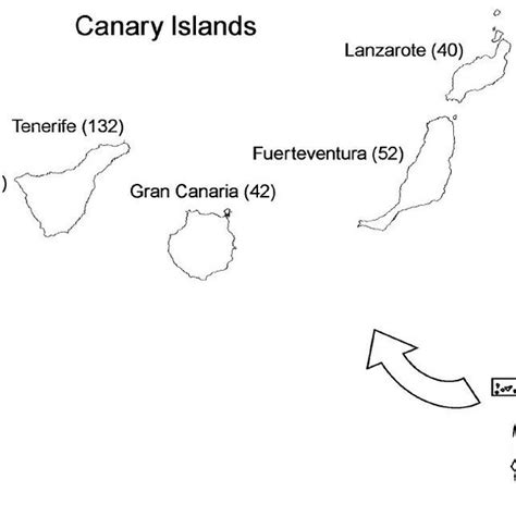 Map Of Canary Islands With Their Names And The Atlantic Coast Lines Of