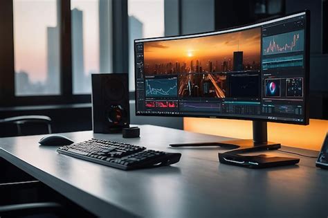 Premium Photo | Closeup of a sleek desktop setup with ultrawide monito