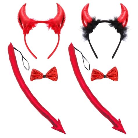 Red Devil Horns Headband Bow Tie Tail Set Handmade Hair Accessories