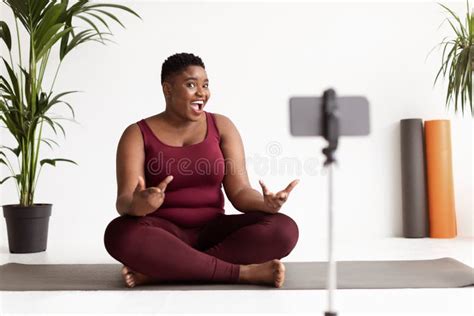 Chubby African American Woman Fitness Coach Having Stream While