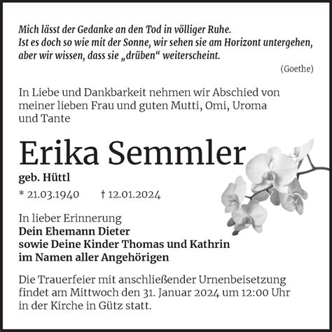 Traueranzeigen Von Erika Semmler Abschied Nehmen De