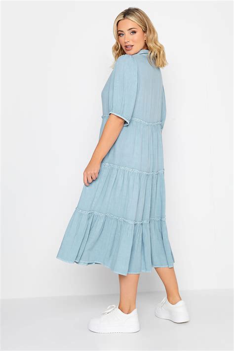 YOURS Curve Plus Size Blue Acid Wash Tiered Chambray Denim Shirt Dress