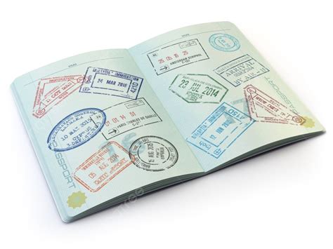 Background Membuka Paspor Dengan Stempel Visa Pada Halaman Yang Diisolasi Dengan Warna Putih 3d