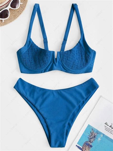 43 Off 2021 Zaful Underwire Shirred Balconette Bikini Set In Blue Zaful