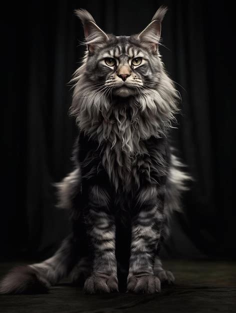 Retrato De Un Gato Maine Coon De Pelo Largo Sobre Fondo Oscuro Foto