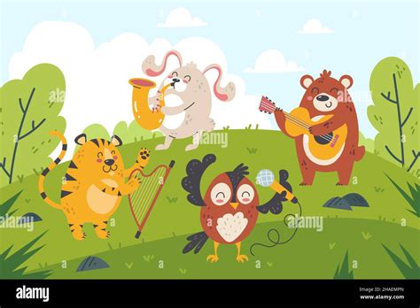 Animals musicians in forest. Funny cartoon characters play orchestra in green clearing, kids ...