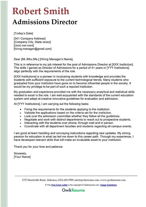 Admissions Director Cover Letter Examples Qwikresume