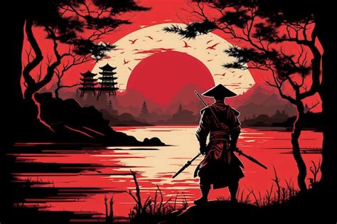 Premium Photo Illustration Of Japanese Samurai Watch Sunset With