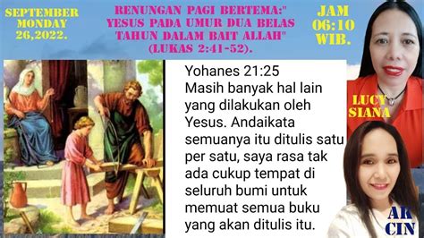 RENUNGAN PAGI BERTEMA YESUS PADA UMUR DUA BELAS TAHUN DALAMBAIT ALLAH