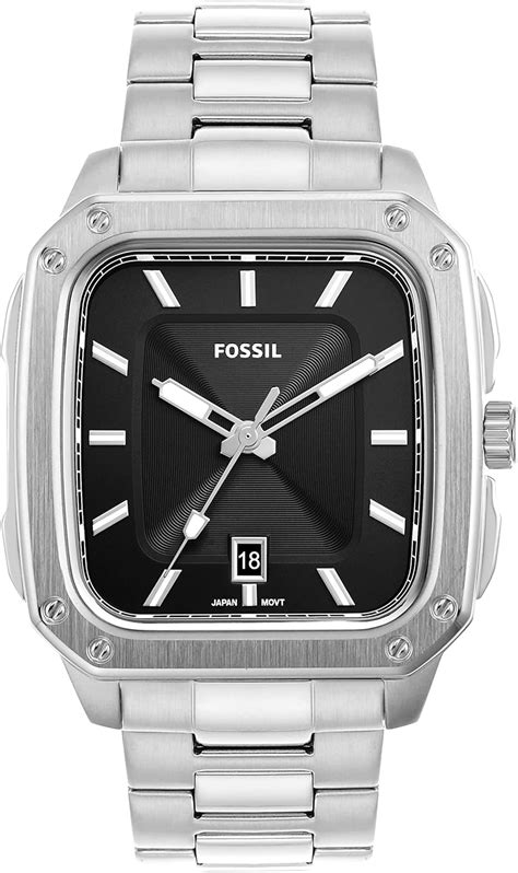 Fossil Men S Quartz Inscription Stainless Steel Square Watch Silver