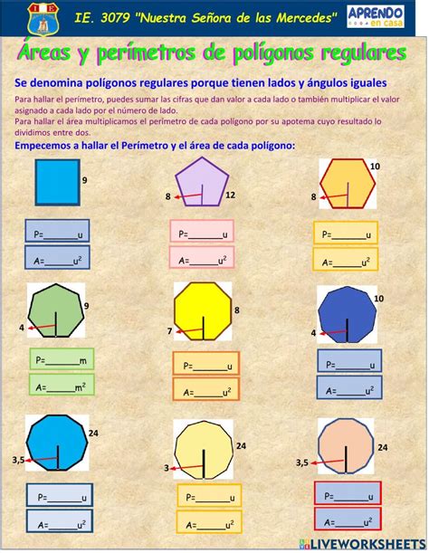 Perímetros y áreas de polígonos regulares interactive worksheet