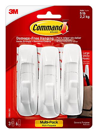 Command Large Utility Hooks 3 Hooks 6 White Adhesive Strips Damage Free