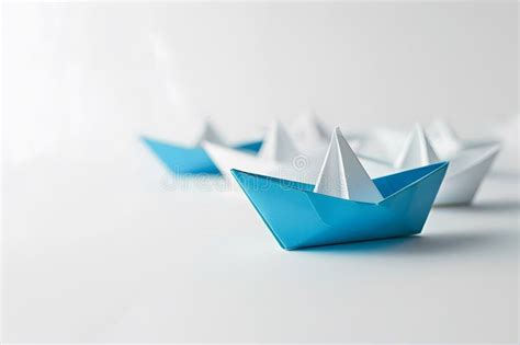 Blue Paper Boat Leading White Boats On White Background Stock